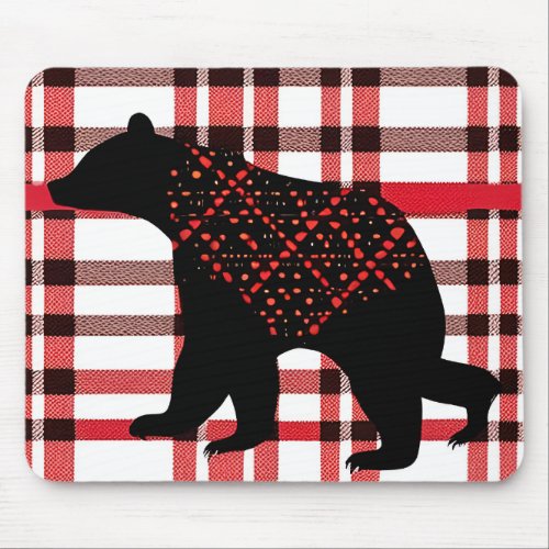 Rustic Northwoods Black Bear Silhouette On Plaid Mouse Pad