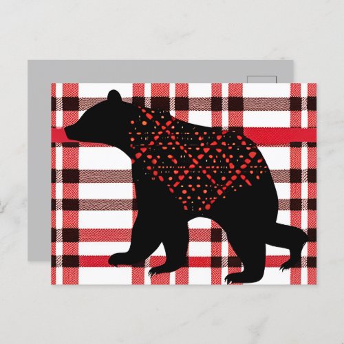 Rustic Northwoods Black Bear Silhouette On Plaid Postcard