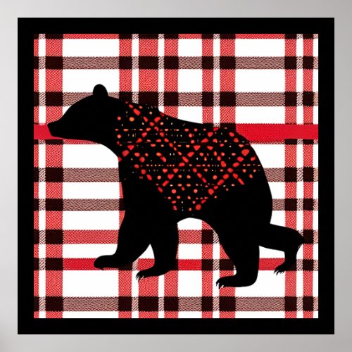 Rustic Northwoods Black Bear Silhouette On Plaid Poster