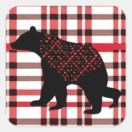 Rustic Northwoods Black Bear Silhouette On Plaid Square Sticker
