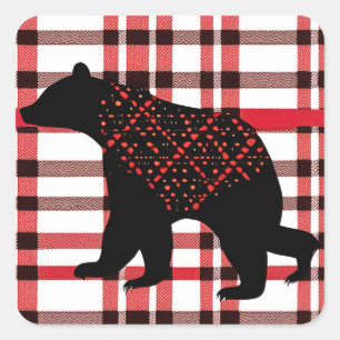 Rustic Northwoods Black Bear Silhouette On Plaid Square Sticker