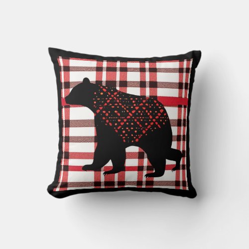 Rustic Northwoods Black Bear Silhouette On Plaid Throw Pillow