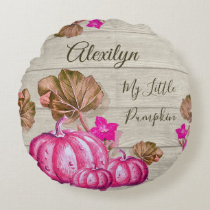 Rustic Nursery Gray Wood Autumn Pink Pumpkins Round Pillow