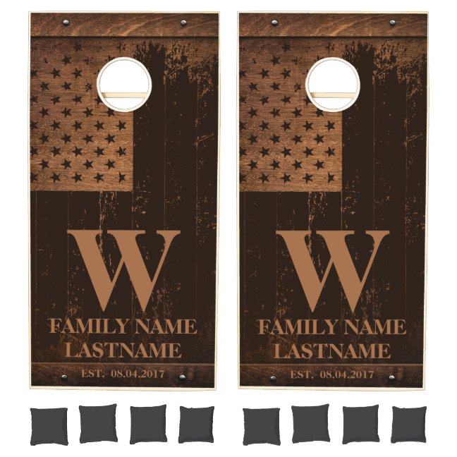 Rustic Oak American Flag Cornhole Set