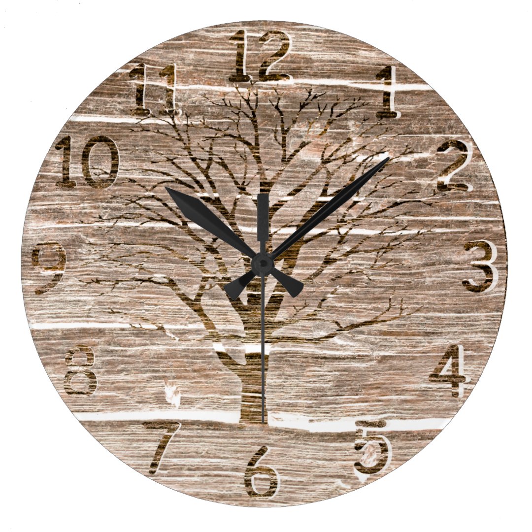 Rustic Oak Artwork with Tree 2 Large Clock | Zazzle