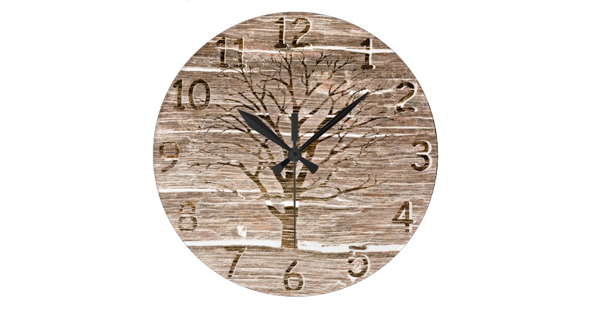 Rustic Oak Artwork with Tree 2 Large Clock | Zazzle