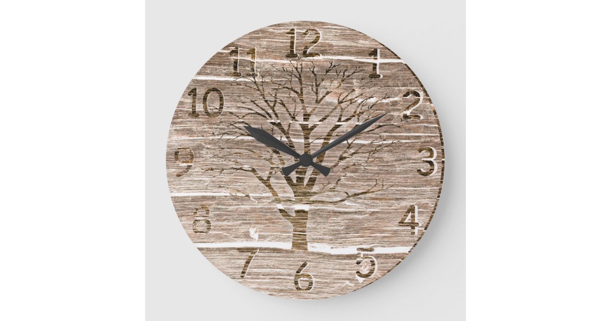 Rustic Oak Artwork with Tree 2 Large Clock | Zazzle