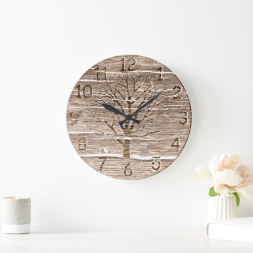 Rustic Oak Artwork with Tree 2 Large Clock | Zazzle