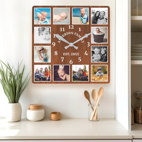 Rustic Oak Barn Wood Farmhouse 12 Photo Collage Square Wall Clock