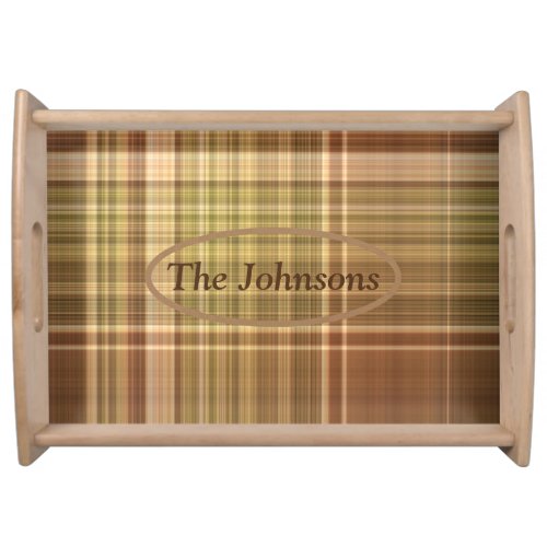 Rustic Oak Brown and Green Plaid Add Your Name Serving Tray