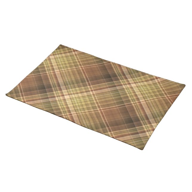 Rustic Oak Brown and Olive Plaid Cloth Placemat (On Table)
