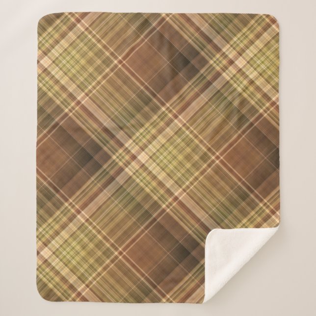 Rustic Oak Brown and Olive Plaid Sherpa Blanket (Front)