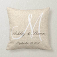 Rustic Oak Linen Look with White Monogram Throw Pillow