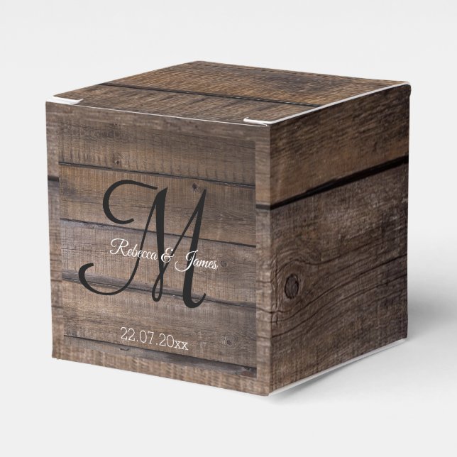 Rustic Oak Monogram Script Wedding Thank You Favor Boxes (Front Side)