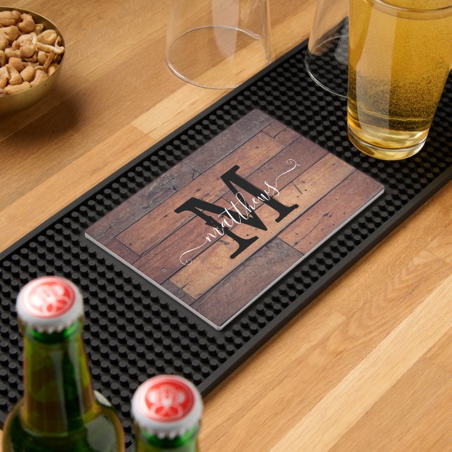 Rustic Oak Script Monogram Initial Name Custom  Bar Mat (Insitu (Bar 2))