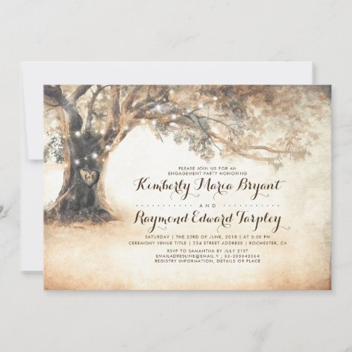 Rustic Oak Tree and Carved Heart Engagement Party Invitation