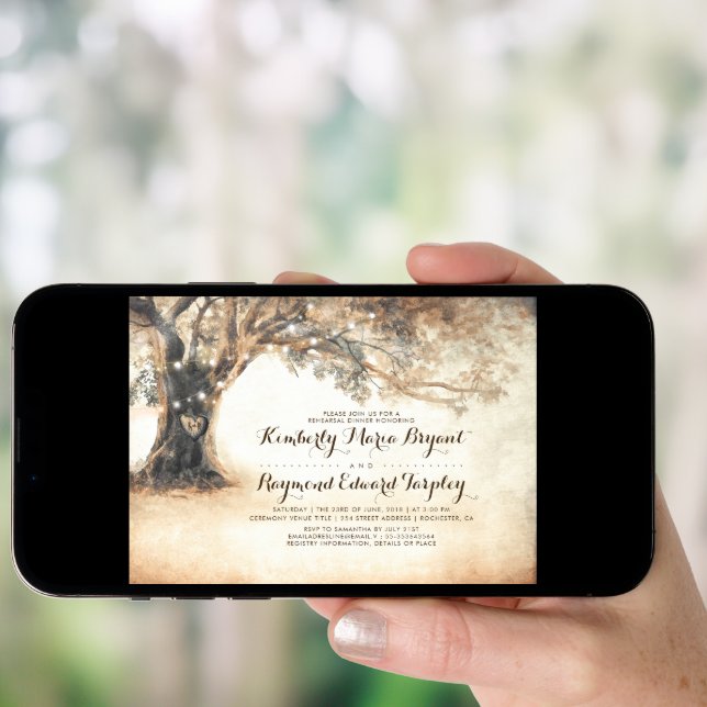 Rustic Oak Tree and Carved Heart Rehearsal Dinner Invitation (Front Digital)