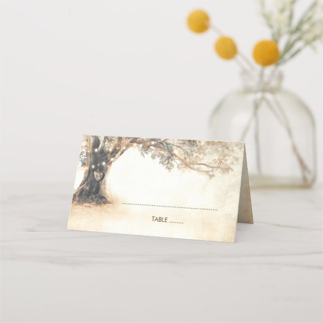 Rustic Oak Tree and Carved Heart Wedding Place Card (Front)