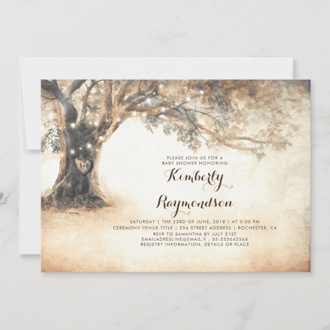 Rustic Oak Tree and String Lights Baby Shower Invitation (Front)