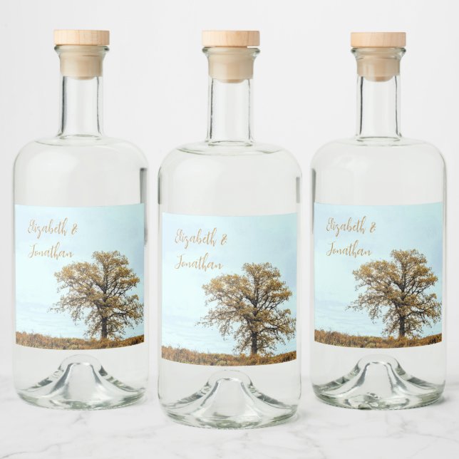 Rustic Oak Tree Autumn Wedding Liquor Bottle Label (Bottles)