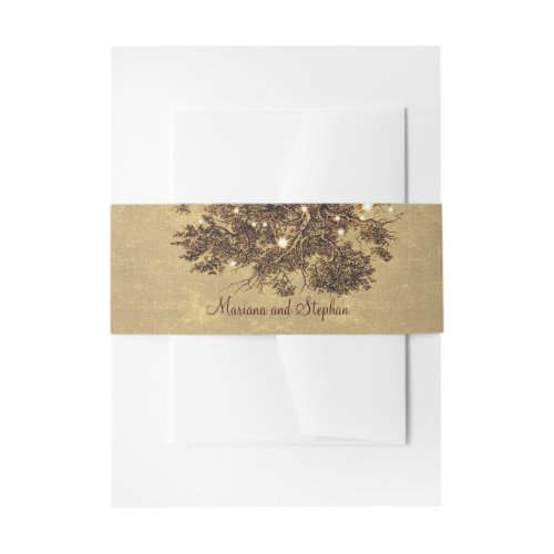 Rustic oak tree branches string lights wedding invitation belly band