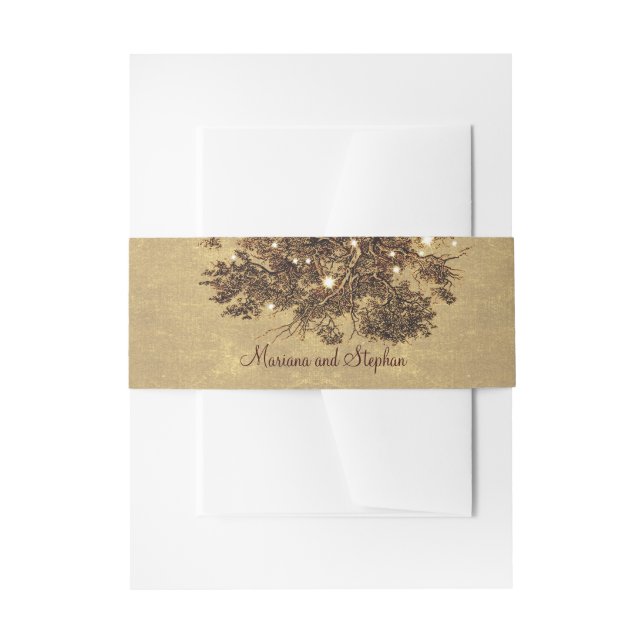 Rustic oak tree branches string lights wedding invitation belly band (Front Example)