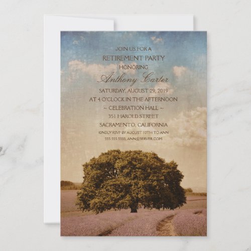 Rustic Oak Tree Lavender Flowers Retirement Party Invitation