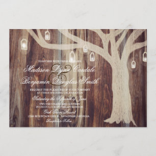 Rustic Oak Tree Lights Wood Wedding Invitations