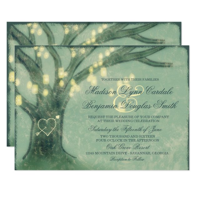Rustic Oak Tree Mason Jar Lights Wedding Invites