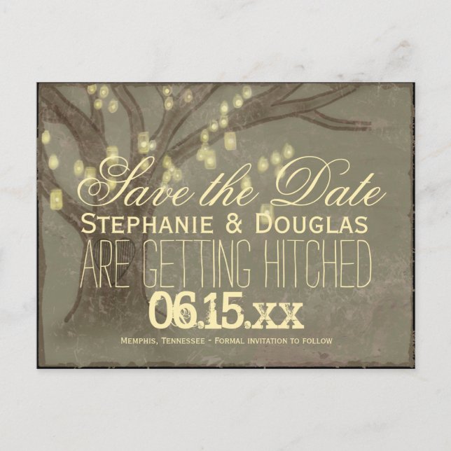 Rustic Oak Tree Mason Jars Save the Date Postcards (Front)