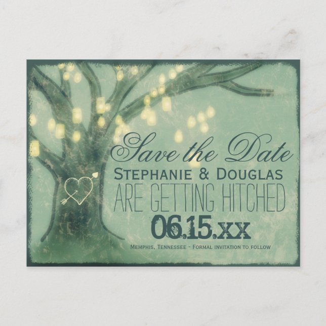 Rustic Oak Tree Mason Jars Save the Date Postcards (Front)
