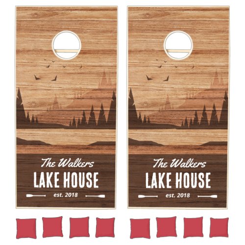 Rustic Oak Wood Family Name Lake House Cornhole Set