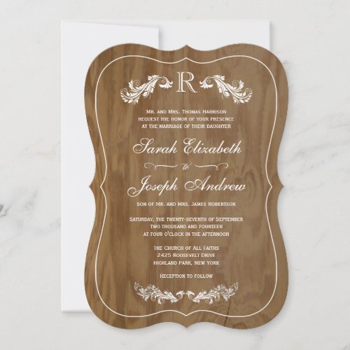 Rustic Oak Wood Formal Monogram Wedding Invitation