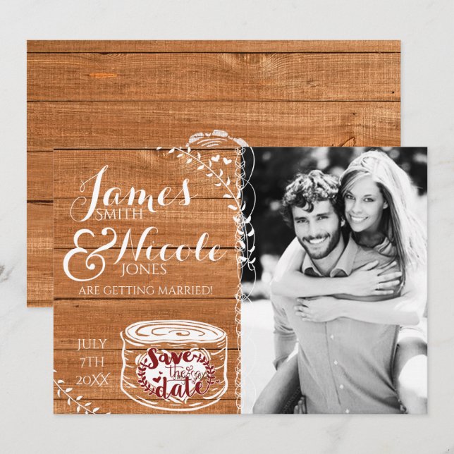 Rustic Oak Wood & Heart Stump Photo Save the Date Invitation (Front/Back)