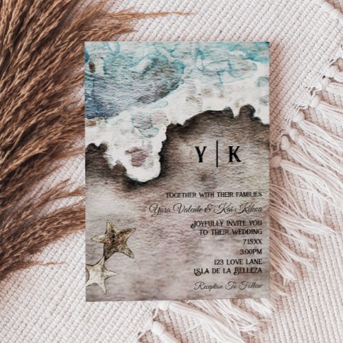 Rustic Ocean  Beach Destination Monogram Wedding Invitation