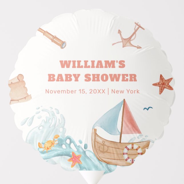 Rustic Ocean Boy Adventure Sailboat Baby Shower  Balloon (Front)