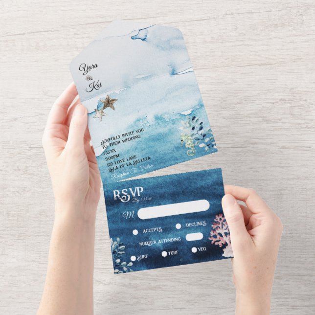 Rustic Ocean Menu Choice RSVP Wedding All In One I Invitation (Tearaway)