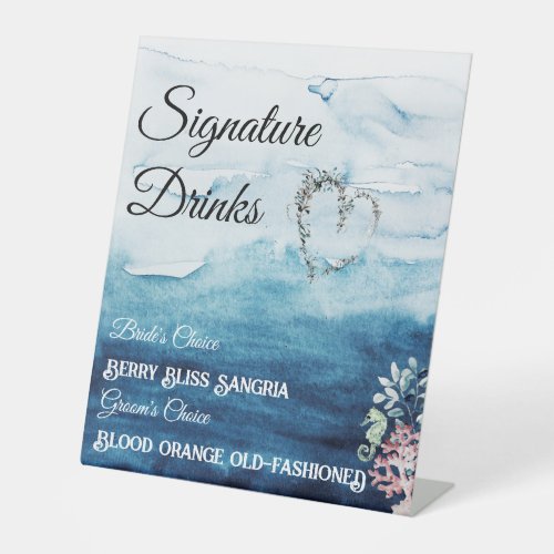 Rustic Ocean Wedding Signature Drinks Pedestal Sign