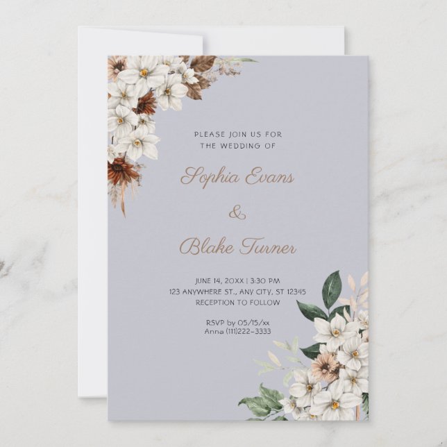 Rustic Off White Flowers Boho Cloud Gray Wedding Invitation (Front)