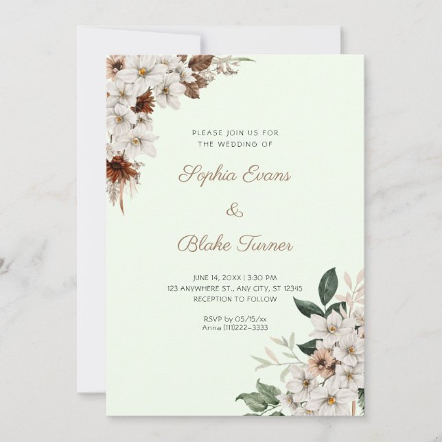 Rustic Off White Flowers Boho Light Green Wedding Invitation (Front)