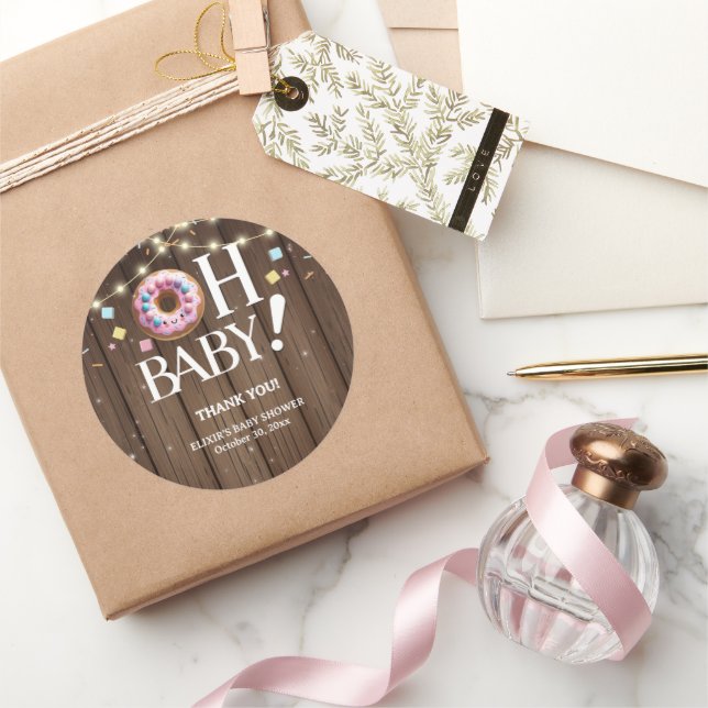 Rustic Oh Baby Donut & Sprinkle Kawaii Baby Shower Classic Round Sticker (Gifting)