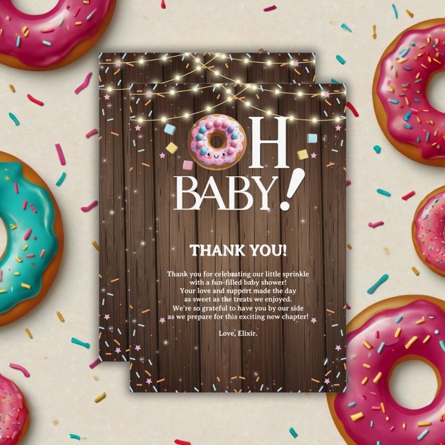 Rustic Oh Baby Donut & Sprinkle Kawaii Baby Shower Thank You Card (Creator Uploaded)