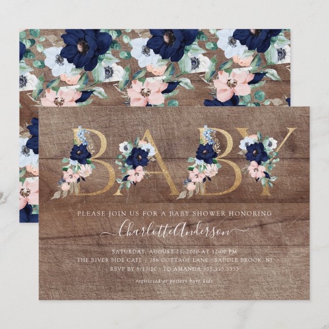 Rustic Oh Baby Navy Blue Blush Floral Baby Shower Invitation (Front/Back)