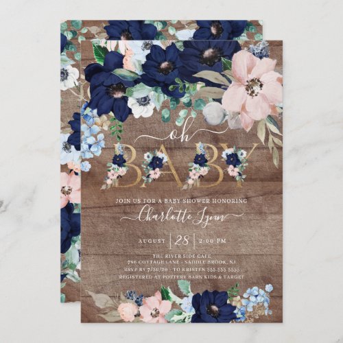 Rustic Oh Baby Navy Blue Blush Floral Baby Shower Invitation