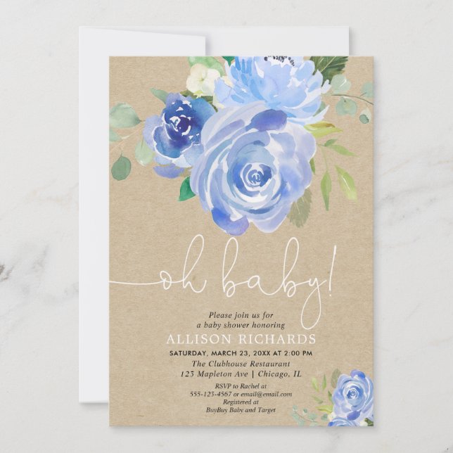 Rustic Oh baby Navy blue floral boy baby shower Invitation (Front)