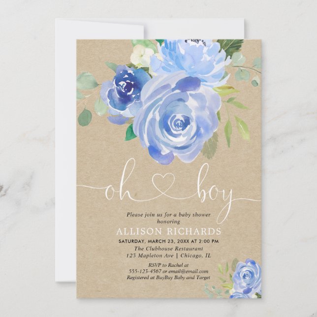 Rustic Oh Boy baby shower blue floral kraft Invitation (Front)