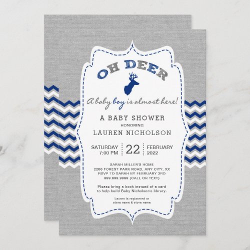 Rustic OH DEER Buck Baby Shower navy gray Invitation
