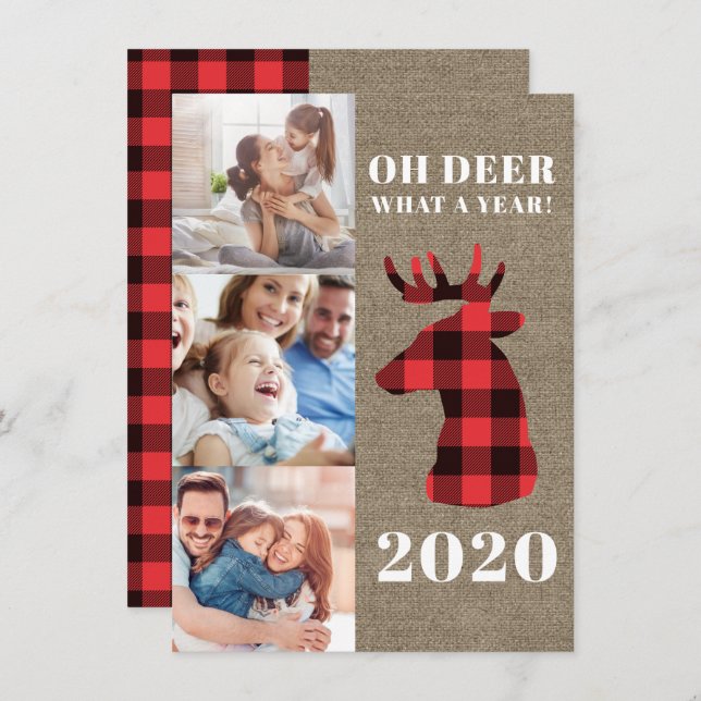 Rustic Oh Deer Plaid Photo Collage Holiday Card (Front/Back)