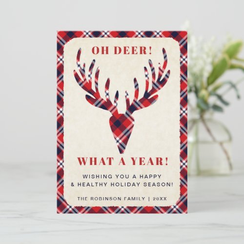 Rustic Oh Deer What a Year Tartan Plaid Christmas Holiday Card