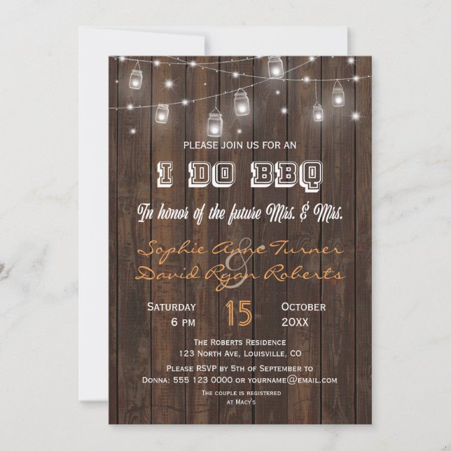Rustic Old Barn Mason Jar String Lights I DO BBQ Invitation (Front)